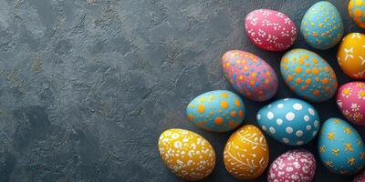 Colorful decorated eggs arranged artistically on a textured gray surface for spring celebrations photo