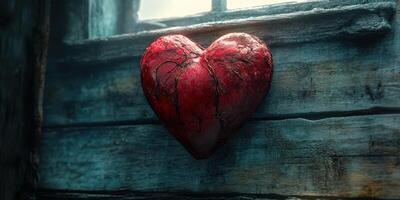 Red heart sculpture hanging on a rustic wooden wall in an atmospheric setting photo