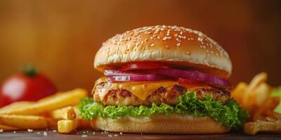 Juicy grilled chicken burger with fresh vegetables and crispy fries served in a casual dining setting photo
