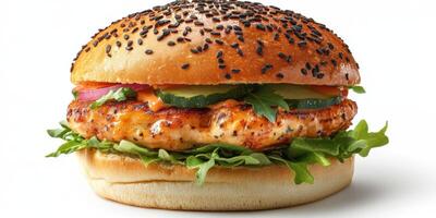 Delicious grilled salmon sandwich with fresh vegetables on a toasted sesame bun photo