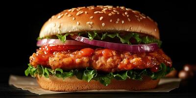 Juicy chicken sandwich with fresh vegetables served in a sesame seed bun on a dark background photo