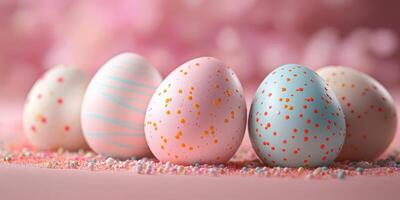 Colorful Easter eggs arranged on a festive surface in a playful spring setting with pastel hues photo