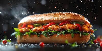 Gourmet sandwich with grilled chicken, vegetables, and fresh herbs on rustic backdrop photo