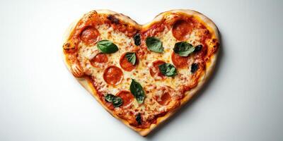 Heart-shaped pizza topped with pepperoni and fresh basil on a light background ready to be enjoyed photo