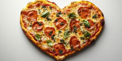 Heart-shaped pepperoni pizza with fresh basil on a white background ready for sharing on a special occasion photo