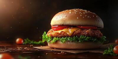 Juicy grilled chicken sandwich topped with cheese and fresh vegetables on a wooden surface photo