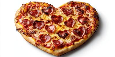 Heart-shaped pizza topped with pepperoni and cheese served on a white background for a festive occasion photo