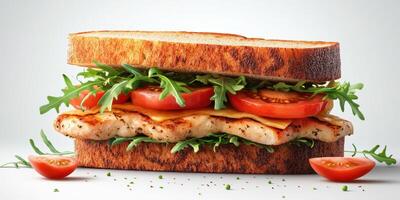 Delicious grilled chicken sandwich with fresh vegetables on toasted bread served on a clean background in a well-lit setting photo