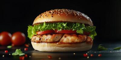 Juicy grilled chicken burger with fresh lettuce and tomato in a sesame seed bun on a dark background photo