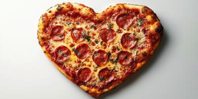 Heart-shaped pepperoni pizza displayed on a white surface, highlighting a creative take on a classic dish perfect for celebrations and gatherings photo