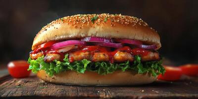Delicious grilled chicken sandwich with fresh vegetables served on a wooden board photo