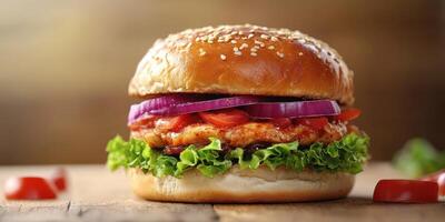 Delicious chicken burger with fresh ingredients served on a wooden table photo
