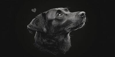 A detailed black and white illustration of a dog's head with a heart symbol above it expresses love and companionship photo
