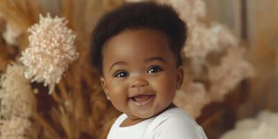 Joyful baby smiling amidst soft floral backdrop in a cozy setting during bright daylight photo