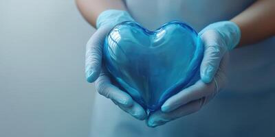 Medical professional holds a blue glass heart symbolizing care and compassion in a clinical environment photo