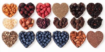 Display of heart-shaped bowls filled with assorted nuts and dried fruits in a creative arrangement photo