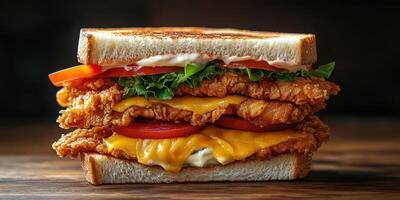 Delicious fried chicken sandwich with melted cheese and fresh vegetables served on toasted bread photo