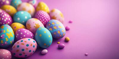 Colorful Easter eggs decorated in vibrant patterns scattered on a pastel purple background during spring festivities photo