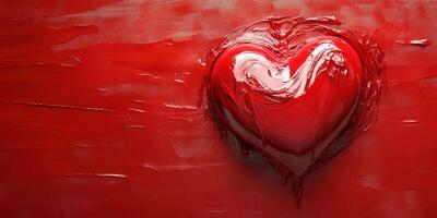 Heart shaped art on a vibrant red background created with textured paint photo