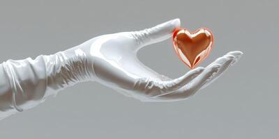 Hand holding a glossy heart symbolizing love and care in a minimalist setting photo