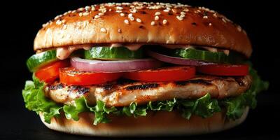Juicy grilled chicken burger topped with fresh vegetables and special sauce served on a sesame seed bun photo