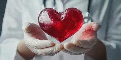 Medical professional holding a red heart-shaped object symbolizing health and care in a clinical setting photo