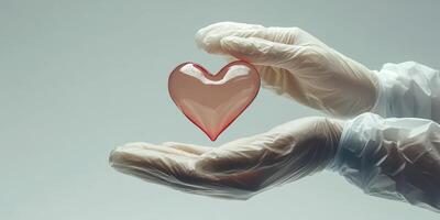 Hands in sterile gloves holding a translucent red heart symbolizing care and compassion during a medical context photo
