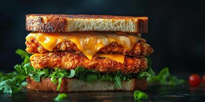 Crispy fried chicken sandwich with melted cheese and fresh greens on toasted bread photo