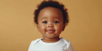 Happy baby with curly hair smiles warmly against a bright yellow background during daytime photo