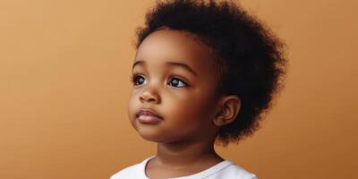 Young child with curly hair looking thoughtfully against a warm, orange background in a cozy setting photo