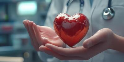 Healthcare professional holds a glossy red heart symbolizing care and compassion in a medical setting photo