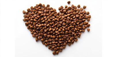 Heart-shaped arrangement of pet food on a clean background showcases love for animals and pet care photo