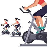 A woman is riding an exercise bike in a group vector