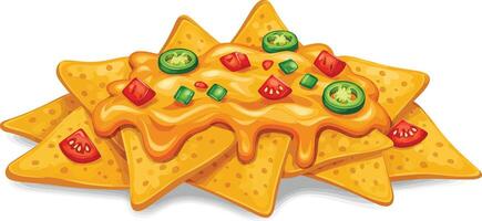 A Cartoon Illustration of a Pile of Nachos With Cheese and Tomatoes vector
