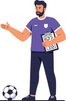 A man in a purple shirt holding a clipboard and pointing to a soccer ball vector