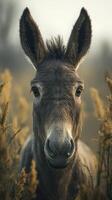 Donkey stands among tall grass in a serene landscape at dawn with soft light illuminating its features photo