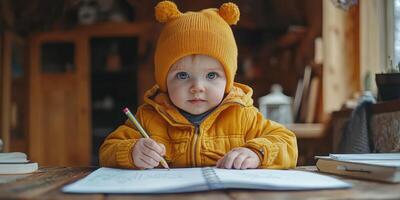 Child engaged in drawing while wearing a warm yellow hat and jacket inside a cozy wooden room photo