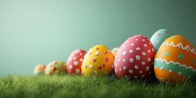 Colorful decorated Easter eggs arranged on green grass against a soft blue background for spring celebration photo