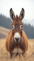 Donkey stands in a serene meadow under a cloudy sky with mountains in the background, showcasing tranquil rural life photo