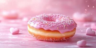 Delicious pink frosted donut garnished with colorful sprinkles on a light pink background with heart-shaped candies scattered around photo