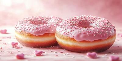 Delicious pink frosted donuts with sprinkles on a soft pink background surrounded by heart-shaped candies photo