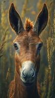 Close-up of a donkey in a field surrounded by tall grass during golden hour highlighting its expressive eyes and unique features photo