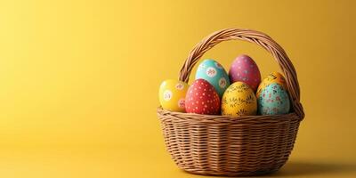 Colorful Easter eggs arranged in a wicker basket against a bright yellow background for spring celebrations photo