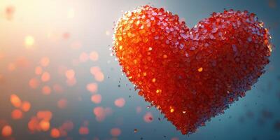 Heart made of sparkling red glitter floats in a dreamlike atmosphere with soft lighting and bokeh effect photo