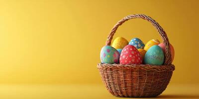 Colorful Easter eggs in a woven basket against a bright yellow background during springtime celebrations photo