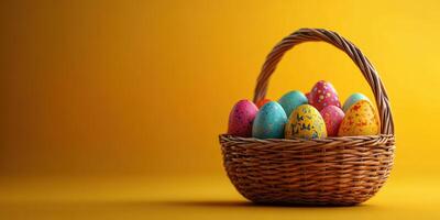 Colorful Easter eggs in a wicker basket against a bright yellow background during spring festivities photo