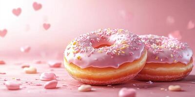 Freshly baked pink frosted donuts adorned with colorful sprinkles and heart-shaped candy on a pastel background photo