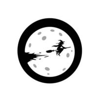 A black and white illustration of a witch flying over the moon vector