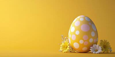 Colorful polka dot Easter egg surrounded by daisies on a bright yellow background photo