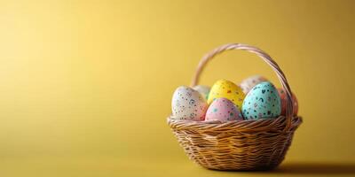 Colorful Easter eggs in a wicker basket set against a bright yellow background for a festive spring celebration photo